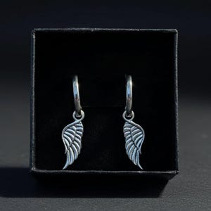 ANGEL Wing Sterling Hoop Earrings, Hoop Drop - - LadybugfeetDesigns -