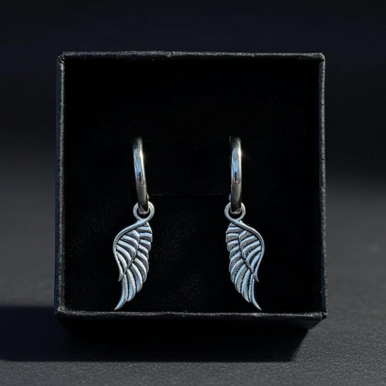 ANGEL Wing Sterling Hoop Earrings, Hoop Drop - - LadybugfeetDesigns -
