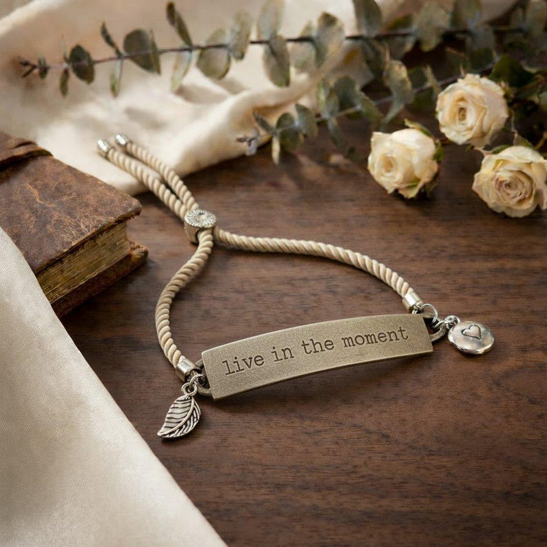 Live in the Moment, Inspirational Quote Twisted rope bolo Bracelet - - LadybugfeetDesigns -