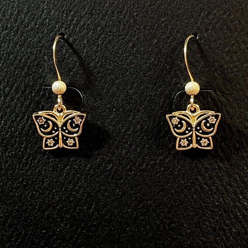 Celestial Butterfly dangle earrings, Gold - - LadybugfeetDesigns -