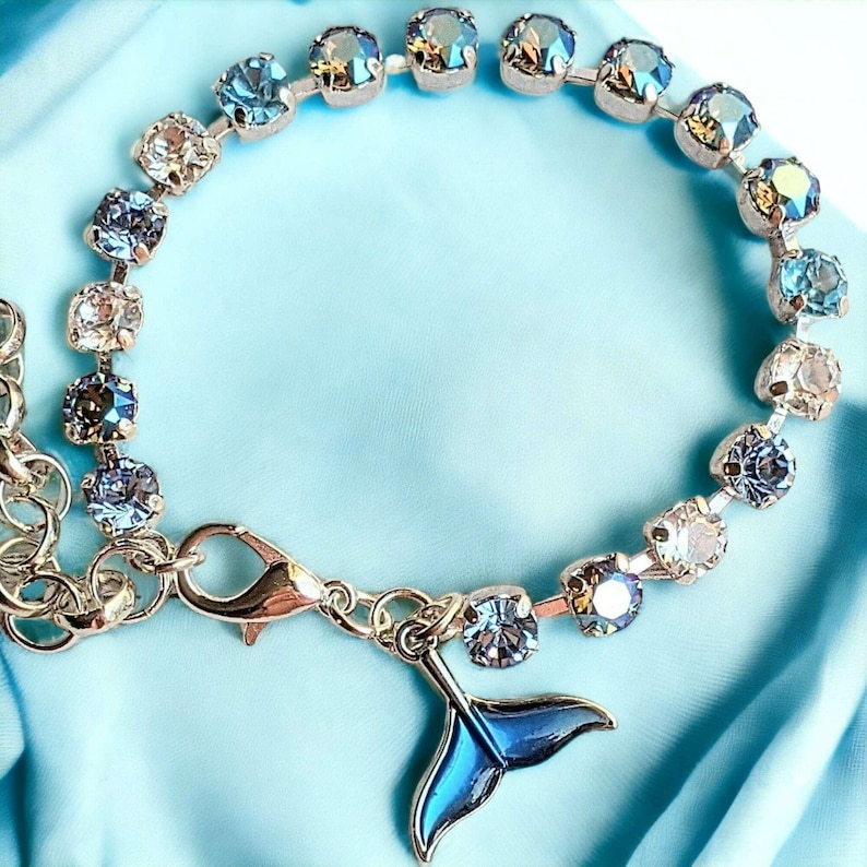 Whale/Dolphin Tail Faceted Crystal Bracelet, Silver - - LadybugfeetDesigns -