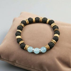 Aquamarine Gemstone Lava Bead Stretch bracelet-MARCH Birthstone - - LadybugfeetDesigns -