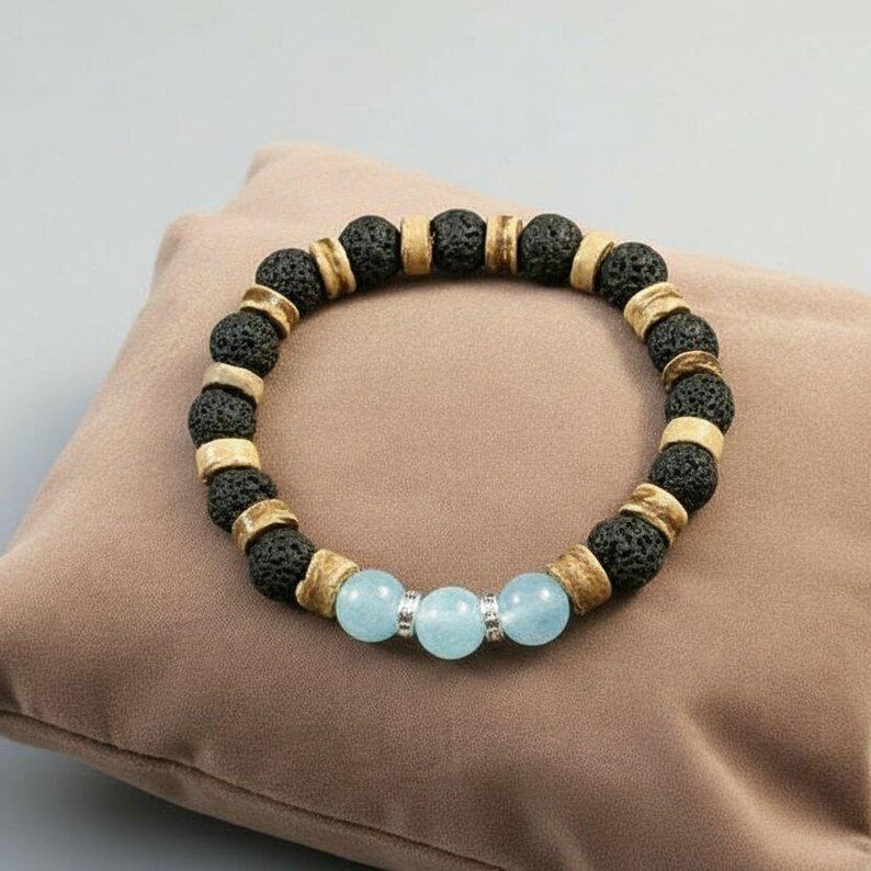 Aquamarine Gemstone Lava Bead Stretch bracelet-MARCH Birthstone - - LadybugfeetDesigns -
