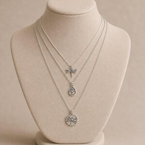 Dragonfly Layered Necklace Set, Silver - - LadybugfeetDesigns -