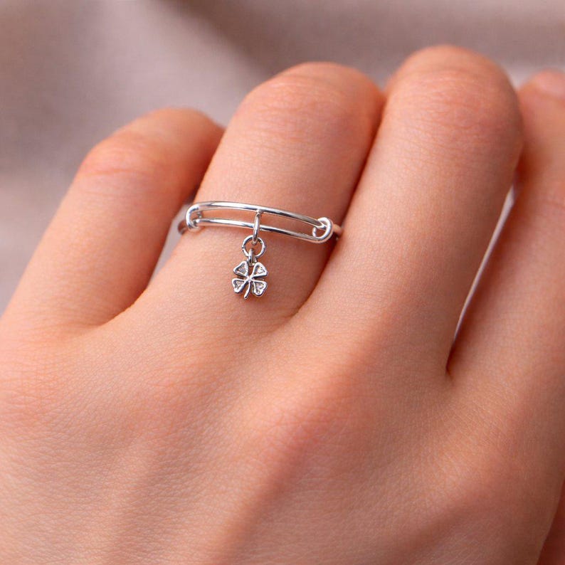Four Leaf Clover Expandable Charm Ring, Silver - - LadybugfeetDesigns -