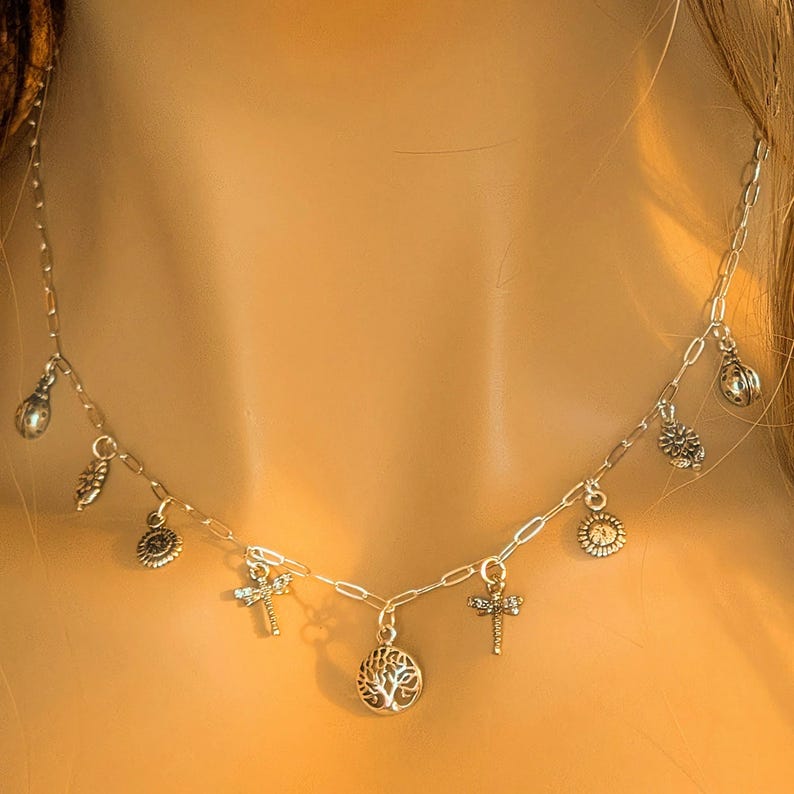 Nature Lover Multi Charm Link Necklace, .925 Sterling Silver - 20 inch - - LadybugfeetDesigns -