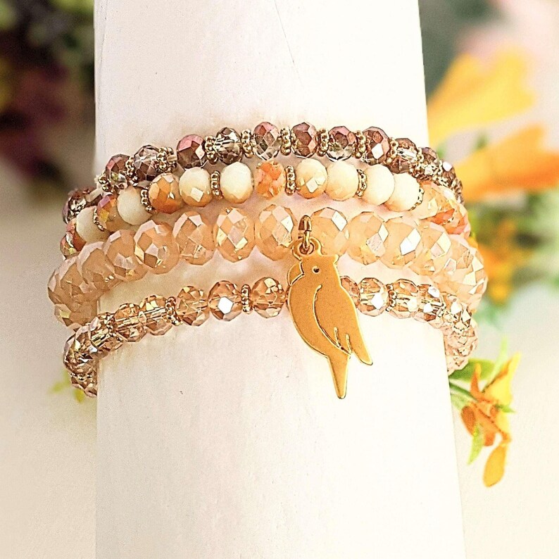 Parrot Champagne Stretch Bracelet Stack - - LadybugfeetDesigns -