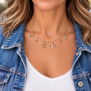 Feline Persuasion Multi Charm Link Necklace, Gold- 20 inch - - LadybugfeetDesigns -