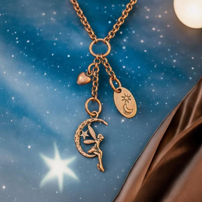 Fairy Moon Copper Charm Keeper Necklace, 18-24 inch - - LadybugfeetDesigns -