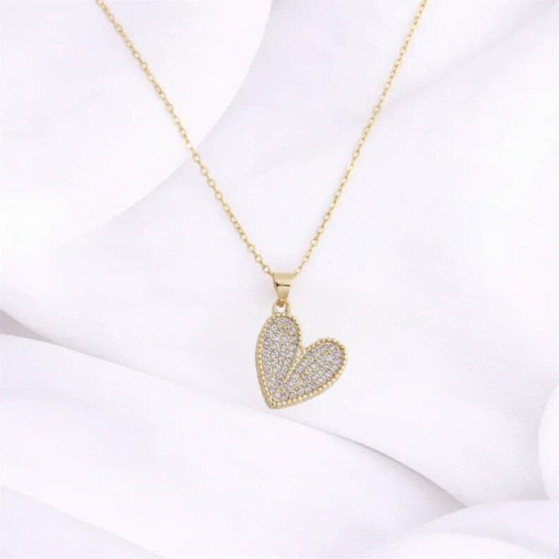 CZ Heart necklace, Gold - 20 inch - - LadybugfeetDesigns -