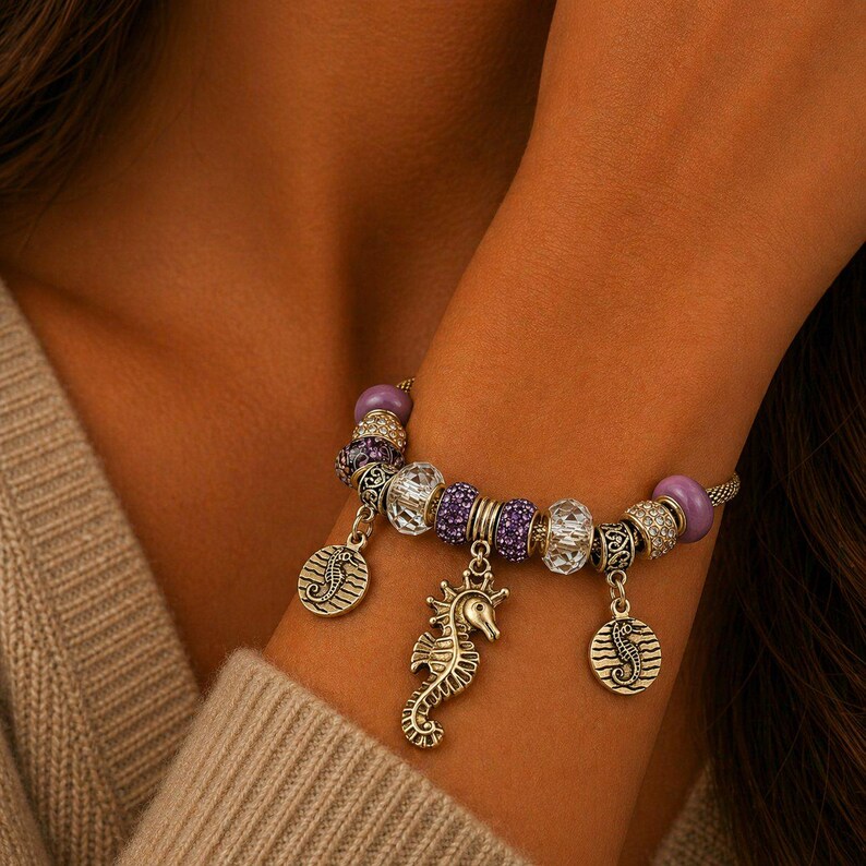 Seahorse European beaded bracelet, Silver - - LadybugfeetDesigns -