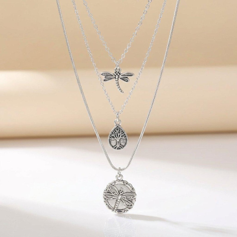 Dragonfly Layered Necklace Set, Silver - - LadybugfeetDesigns -