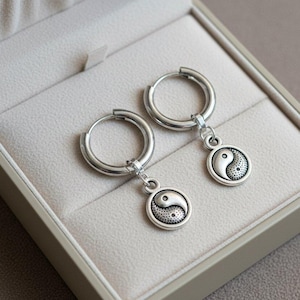 Yin Yang Huggie Hoop earrings, Silver - 12mm - - LadybugfeetDesigns -