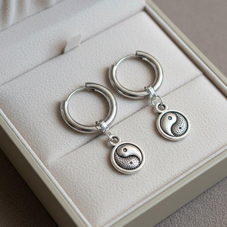 Yin Yang Huggie Hoop earrings, Silver - 12mm - - LadybugfeetDesigns -