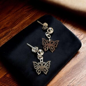 Butterfly Charm Drop Stud Earrings-Silver - - LadybugfeetDesigns -