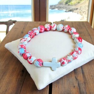 Hot Pink Baby Blue Beaded Cross Stretch bracelet - - LadybugfeetDesigns -