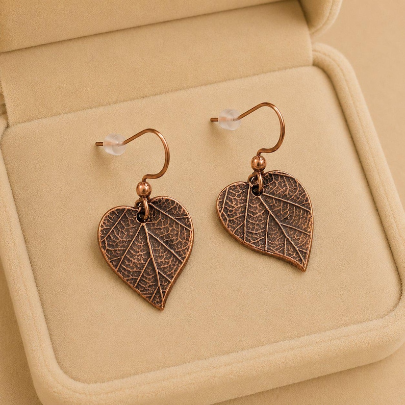 Leaf dangle earrings, Copper/Rose Gold - - LadybugfeetDesigns -