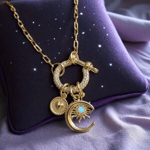 Opal Sun, Crescent Moon and Heart Shackle Clasp Carabiner Necklace, Gold - Adjusts up to 20 inches - - LadybugfeetDesigns -
