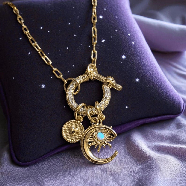 Opal Sun, Crescent Moon and Heart Shackle Clasp Carabiner Necklace, Gold - Adjusts up to 20 inches - - LadybugfeetDesigns -
