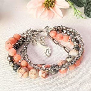 Peach Dream Crystal Beaded layered cuff bracelet - - LadybugfeetDesigns -