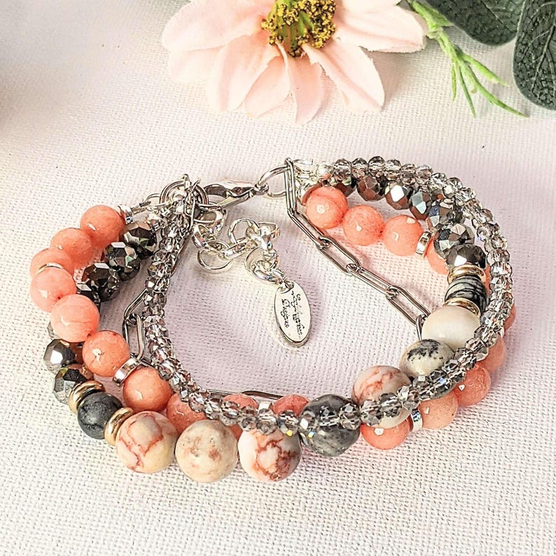 Peach Dream Crystal Beaded layered cuff bracelet - - LadybugfeetDesigns -