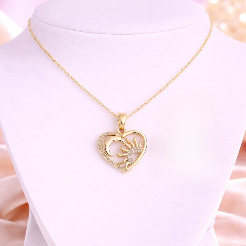 Sun Moon Heart necklace, Gold - 20 inch - - LadybugfeetDesigns -