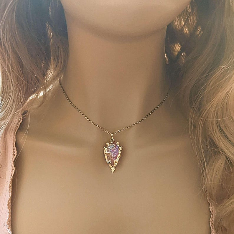 Natural Titanium Quartz Crystal Arrowhead necklace, Gold - 18- 24 inch - - LadybugfeetDesigns -