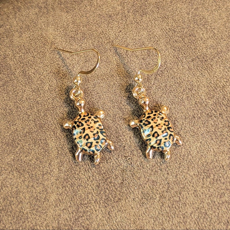 Leopard Skin Turtle Earrings, Gold - - LadybugfeetDesigns -
