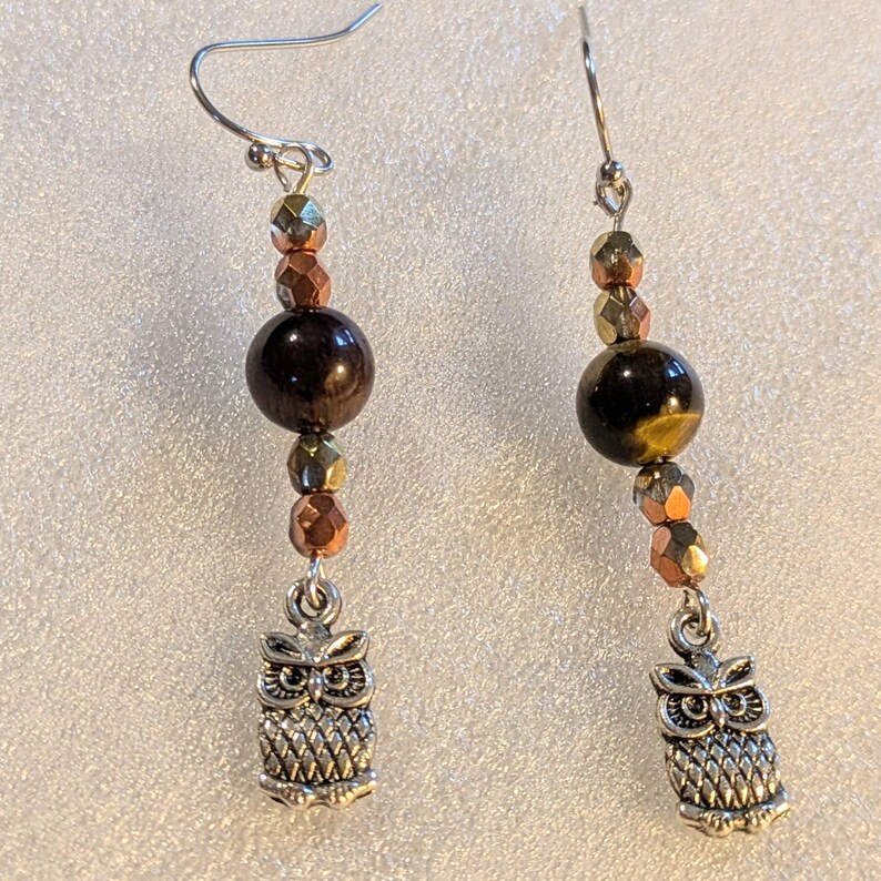 Owl Tiger's Eye Beaded Hook Earrings, Silver - - LadybugfeetDesigns -