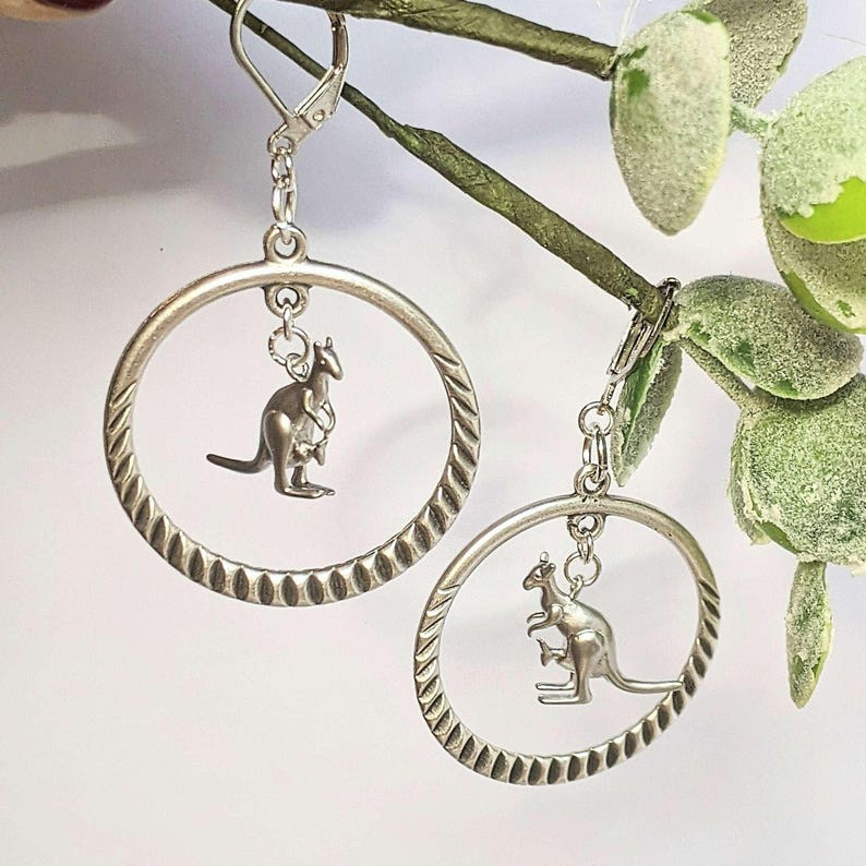 Kangaroo Mama & Joey Leverback Hook Earrings - - LadybugfeetDesigns -