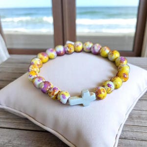 Yellow Fuchsia Beaded Cross Stretch bracelet - - LadybugfeetDesigns -