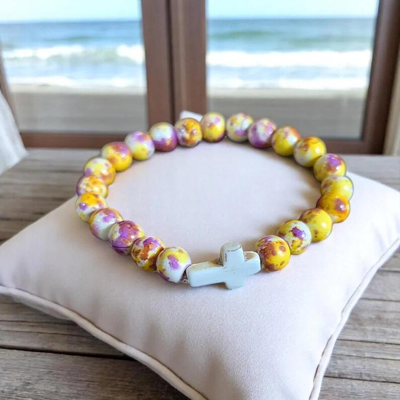 Yellow Fuchsia Beaded Cross Stretch bracelet - - LadybugfeetDesigns -