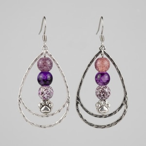 Dog/Cat Paw Purple Beaded Hammered Teardrop Hook Earrings, Silver - - LadybugfeetDesigns -