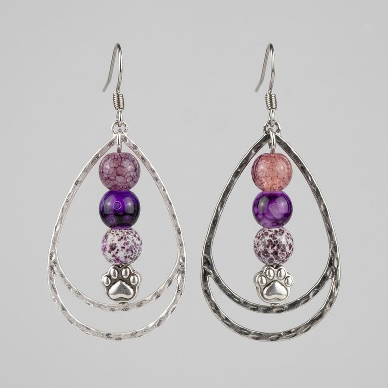 Dog/Cat Paw Purple Beaded Hammered Teardrop Hook Earrings, Silver - - LadybugfeetDesigns -