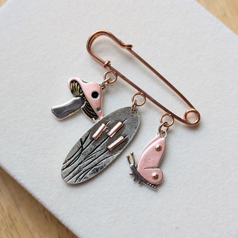 Whimsical Nature Safety Pin Brooch, Purse Charm, Rose Gold - - LadybugfeetDesigns -
