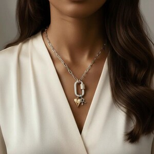 Silver Initial Heart Carabiner Necklace - 20 inch - - LadybugfeetDesigns -