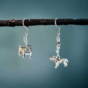Mismatched English Bulldog crystal hook earrings - - LadybugfeetDesigns -