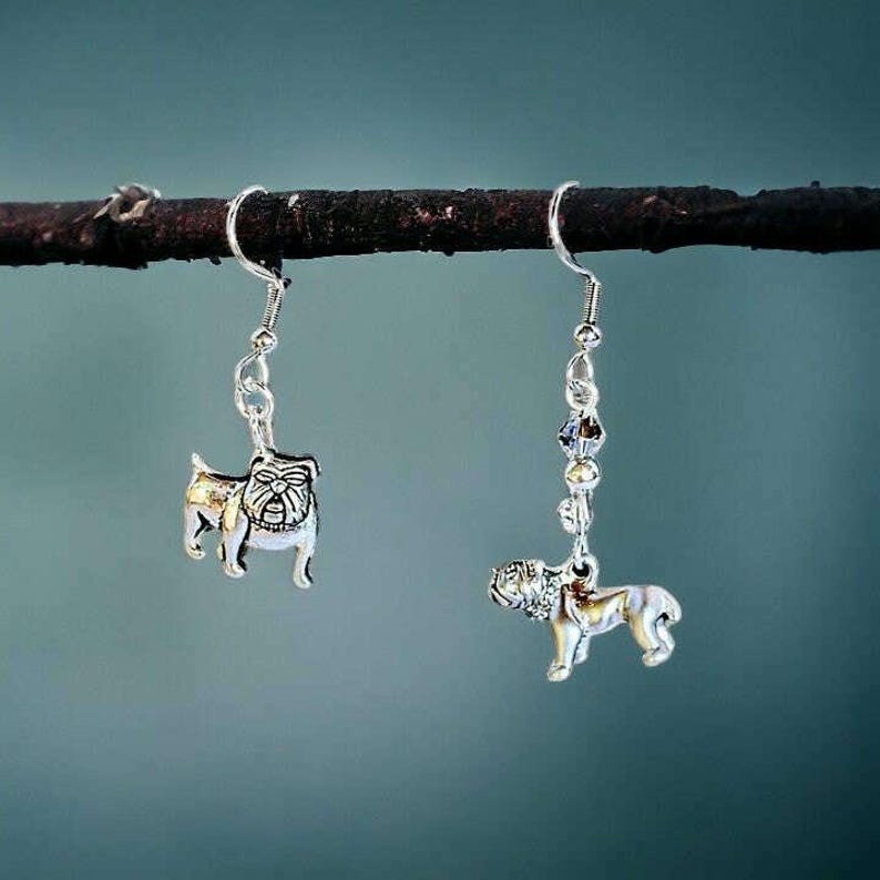Mismatched English Bulldog crystal hook earrings - - LadybugfeetDesigns -