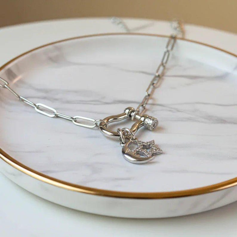 Celestial Moon CZ Star Shackle Clasp Carabiner Necklace, Silver - 20 inch - - LadybugfeetDesigns -