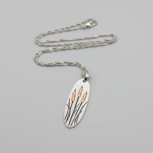 Cattail/Foxtail Pendant Necklace, Silver - - LadybugfeetDesigns -