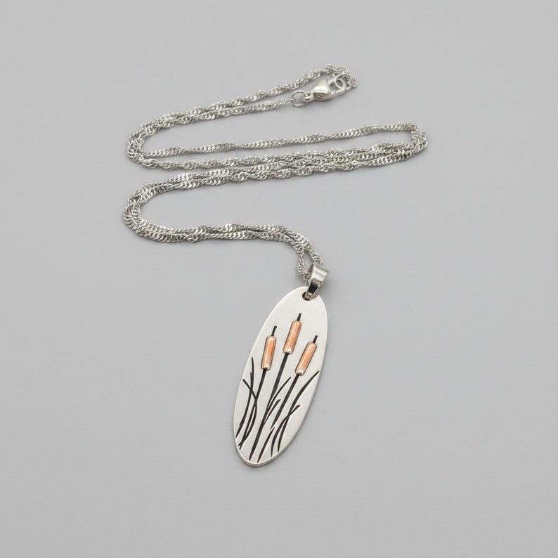Cattail/Foxtail Pendant Necklace, Silver - - LadybugfeetDesigns -