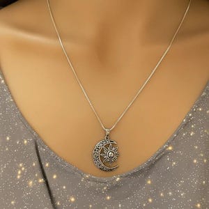 Filigree Crescent Moon Sun Necklace, Sterling Silver- 24 inches - - LadybugfeetDesigns -