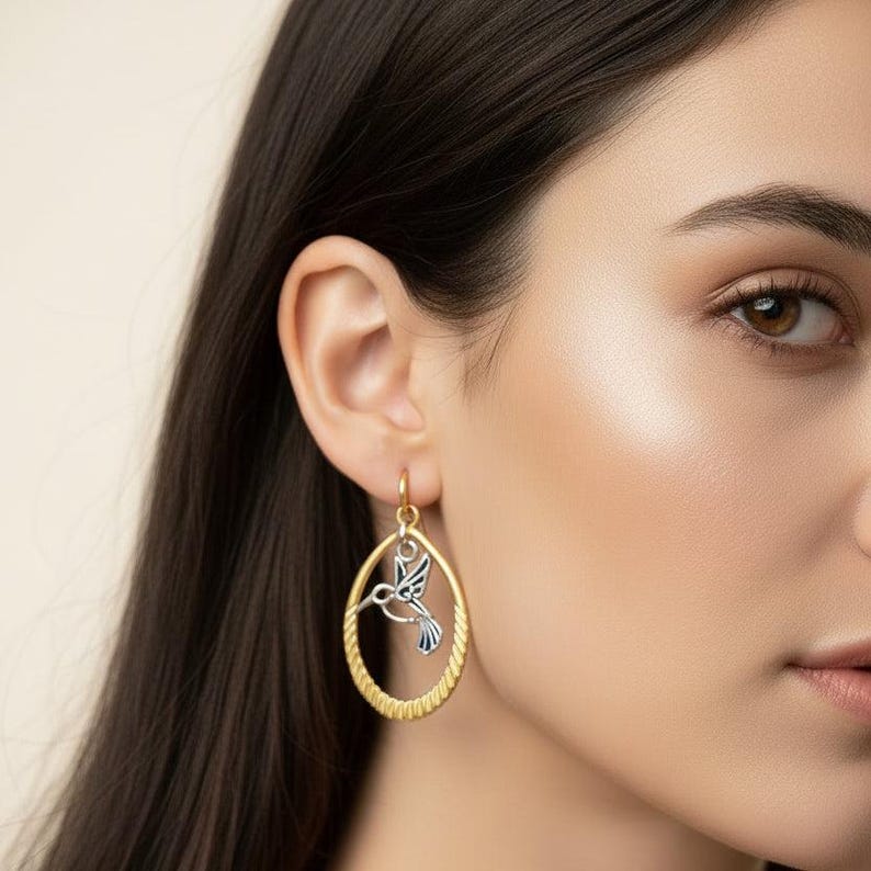 Hummingbird Two-Tone Hook Earrings, Gold - - LadybugfeetDesigns -