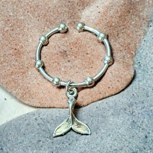 Sterling Silver Whale Tail Adjustable Charm Ring - - LadybugfeetDesigns -