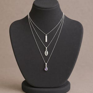 Silver Bar Amethyst Initial Leaf Layered Necklace Set, Silver - - LadybugfeetDesigns -