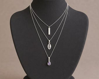 Silver Bar Amethyst Initial Leaf Layered Necklace Set, Silver