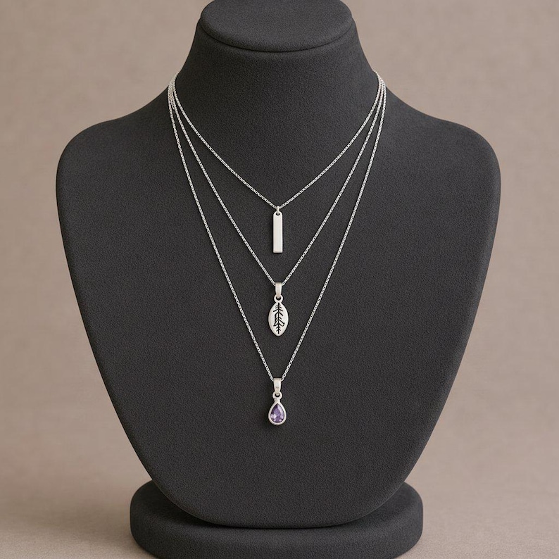 Silver Bar Amethyst Initial Leaf Layered Necklace Set, Silver - - LadybugfeetDesigns -