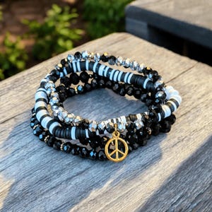 Black Crystal Peace Sign Stretch Bracelet Stack - - LadybugfeetDesigns -