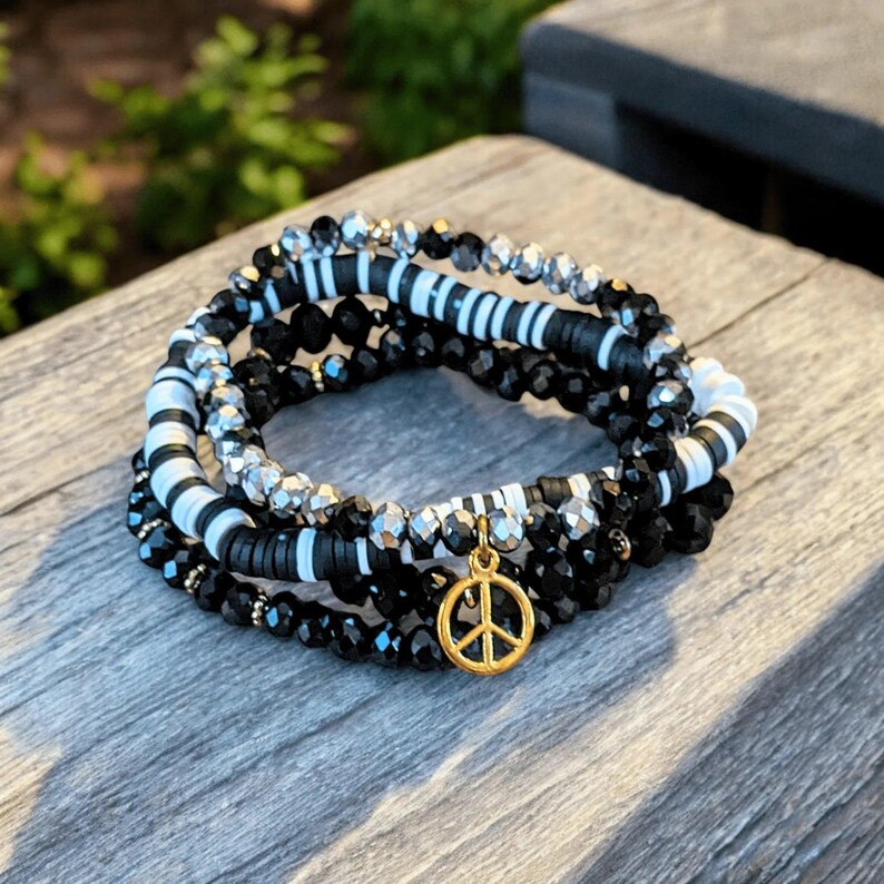 Black Crystal Peace Sign Stretch Bracelet Stack - - LadybugfeetDesigns -
