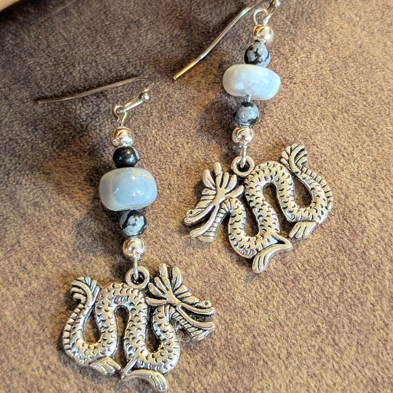 Dragon Boulder Opal Beaded Hook Earrings, Silver - - LadybugfeetDesigns -